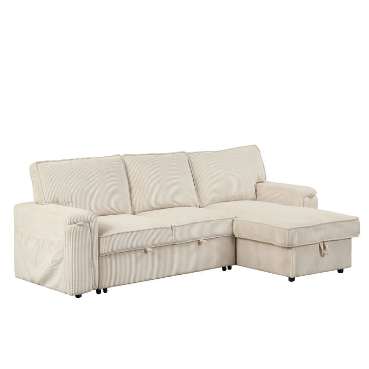 Upholstery Sleeper Sectional Sofa With Storage Bags And 2 Cup Holders On Arms