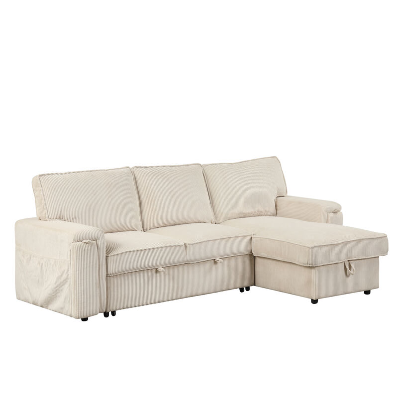 Upholstery Sleeper Sectional Sofa With Storage Bags And 2 Cup Holders On Arms