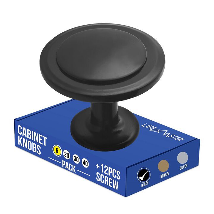 6pcs 1-1/4" Kitchen Cabinet Knobs, Rust-Proof Matte Black Finish, Modern Design, Strong Zinc Alloy, Easy Installation