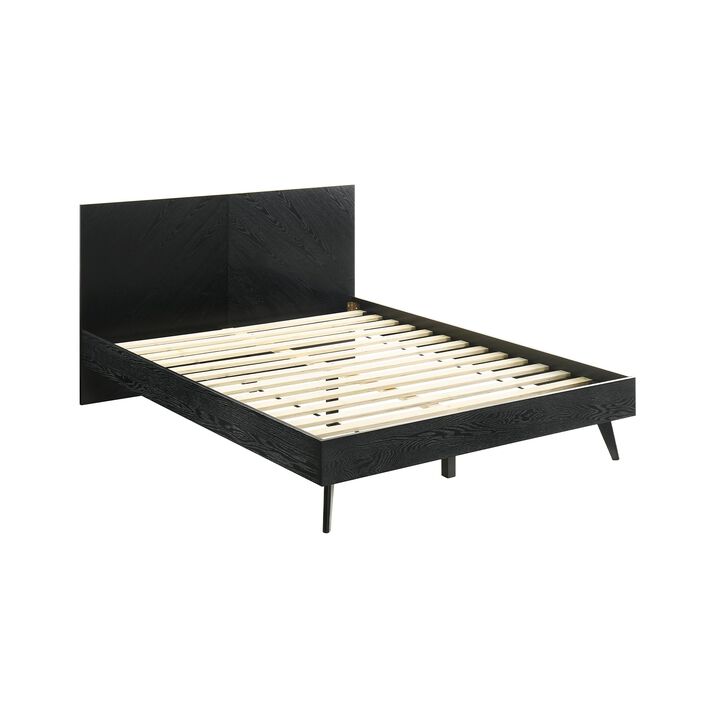 Saly Queen Platform Bed Frame, Tapered Legs, Diagonal Grain Finish, Black - Benzara