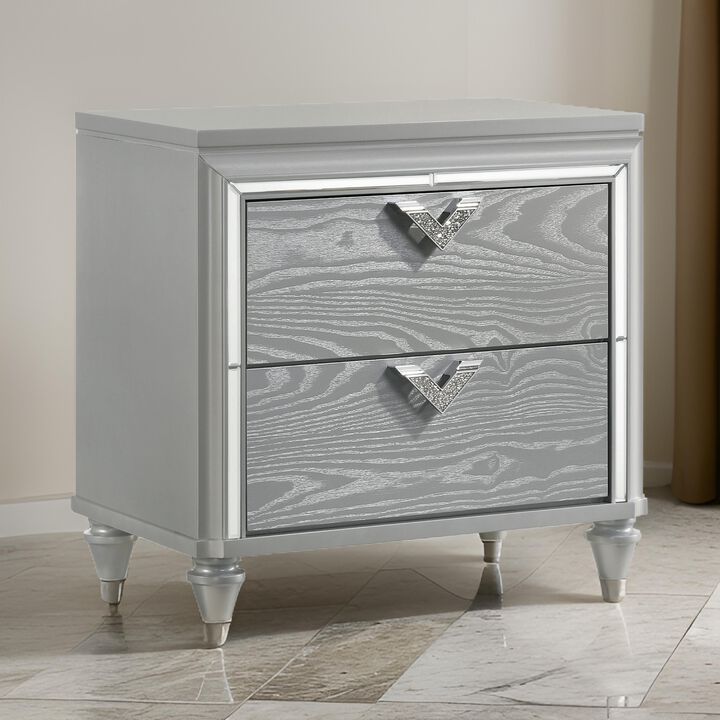 Haley Nightstand, 2 Drawers, V Shape Glittering Handles, Light Silver Wood - Benzara