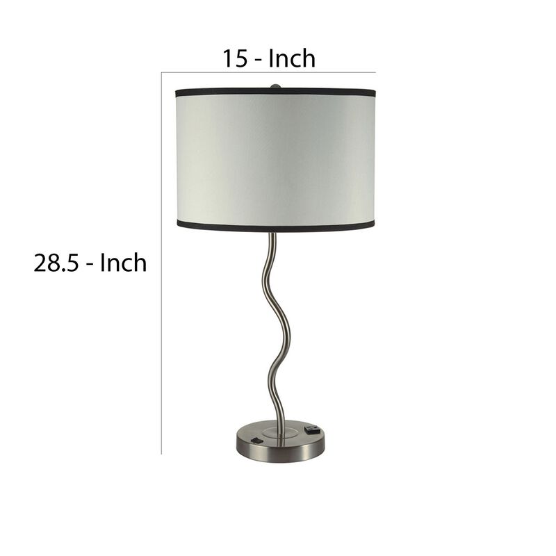 29 Inch Round Drum Shade Table Lamp, Curved Tubular Frame, Silver-Benzara
