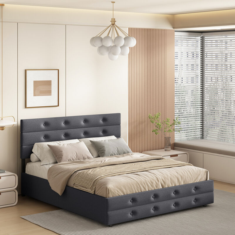 Queen Size Upholstered Linen Fabric Trundle Bed With Drawers Grey