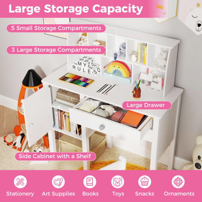 Kids Study Desk and Chair Set with Hutch and Storage Cabinet