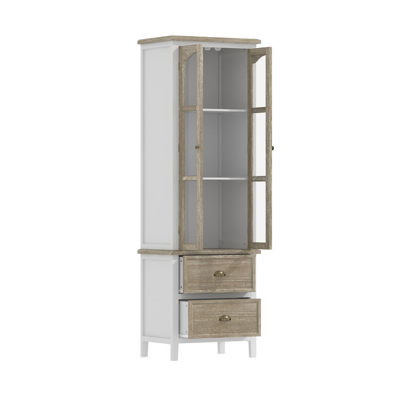 FUFU&GAGA Modern Tall Bookshelf with Glass Doors and Drawers for Home Office and Study, (23.6" W x 73" H x 15.7" D), White & Brown
