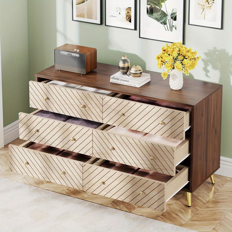 47-Inch Bedroom Dresser with 6 Drawers, Double Wide Chest of Drawers with Gold Legs, Wood and Metal Storage Dresser, 6-Drawer Dresser Cabinet (Dark Brown + Natural)