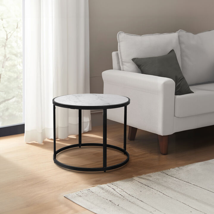 23 Inch Side End Table, Modern Round White Natural Marble Top, Classic Black Iron Frame - Benzara