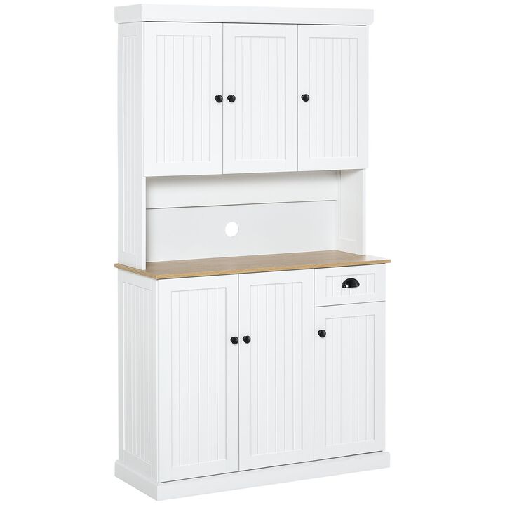 71" Kitchen Buffet with Hutch: Microwave Space, Storage, White