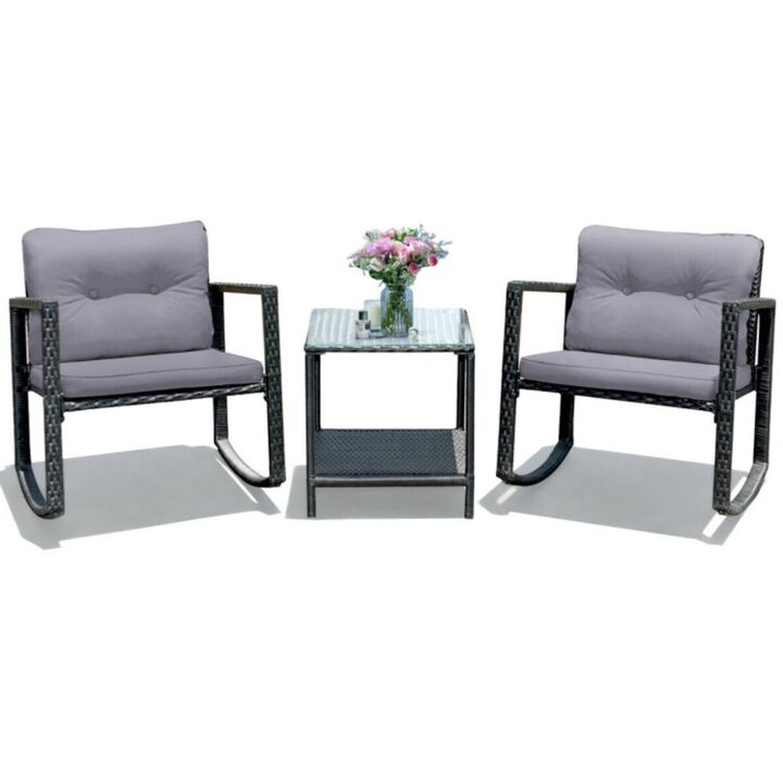 Hivvago 3 Pieces Cushioned Patio Rattan Set with Rocking Chair and Table