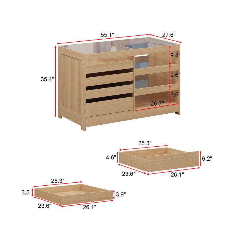 FUFU&GAGA Jewelry Display Island with Tempered Glass Top, Oak Finish (55.1" W x 27.6" D x 35.4" H),Brown