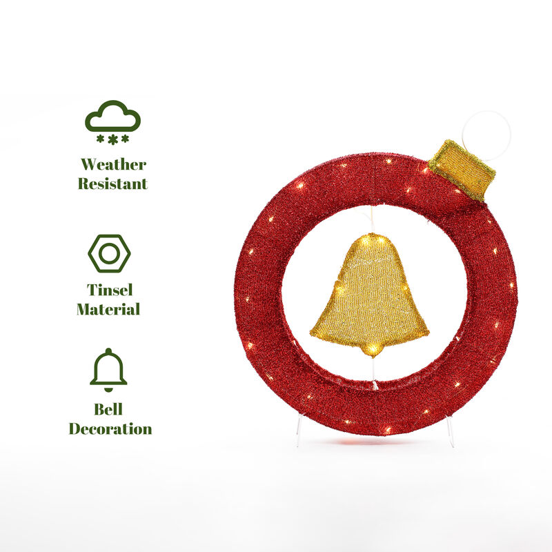 LuxenHome 1.9Ft Tall Ornament and Bell Wreath Outdoor Holiday Decoration with Lights