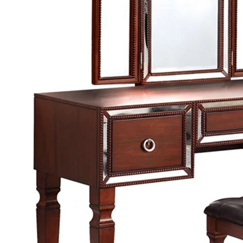 Thuy 60 Inch Vanity Desk Set, Upholstered Stool, Trifold Mirror, Brown-Benzara