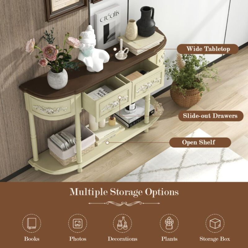 Hivvago Retro Curved Console Table with Drawers and Solid Wood Legs