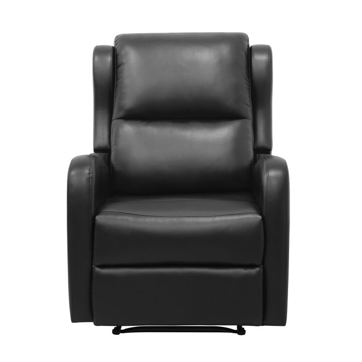 Kim 38 Inch Manual Recliner Chair, Cushioned Black Faux Leather, Solid Wood - Benzara