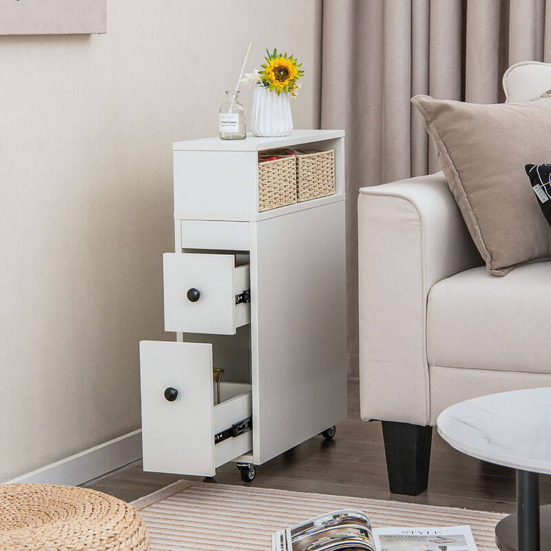 Costway Movable Bathroom Storage Cabinet Narrow Toilet Side Paper Holder w/ 2 Drawers
