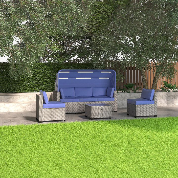 Mondawe 6 Pieces Patio Furniture Sets, Outdoor Rattan Daybed with Retractable Canopy, Outdoor Sectional Sofa Set with Adjustable Backrest, Chaise Chair Sunbed for Garden Poolside Backyard