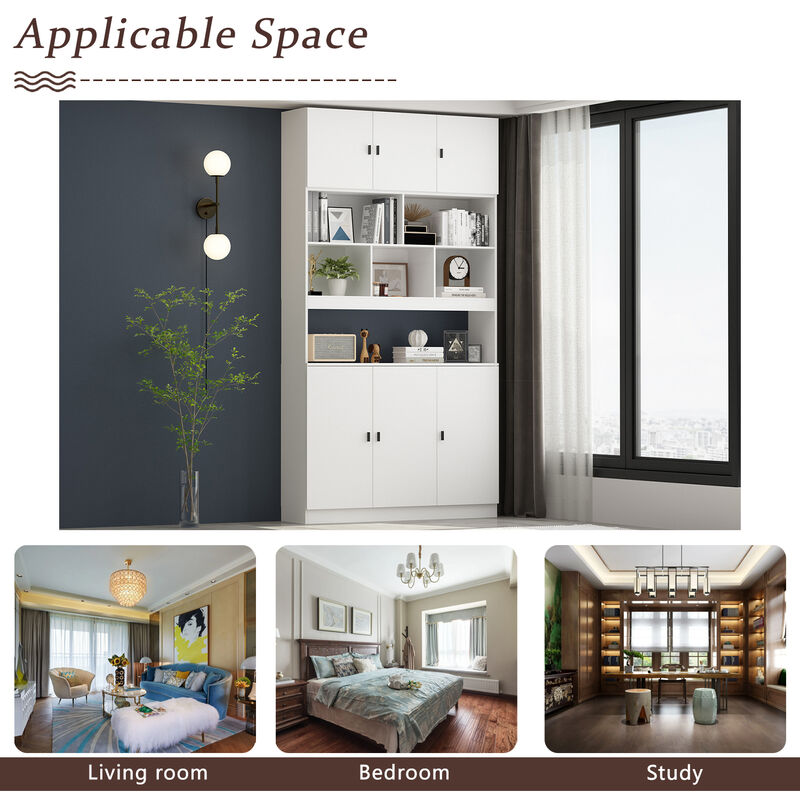 FUFU&GAGA Modern White Storage Shelf with Adjustable Shelves, P2 MDF, Glass Doors (47.2" W x 87.8" H x 12.2" D), White
