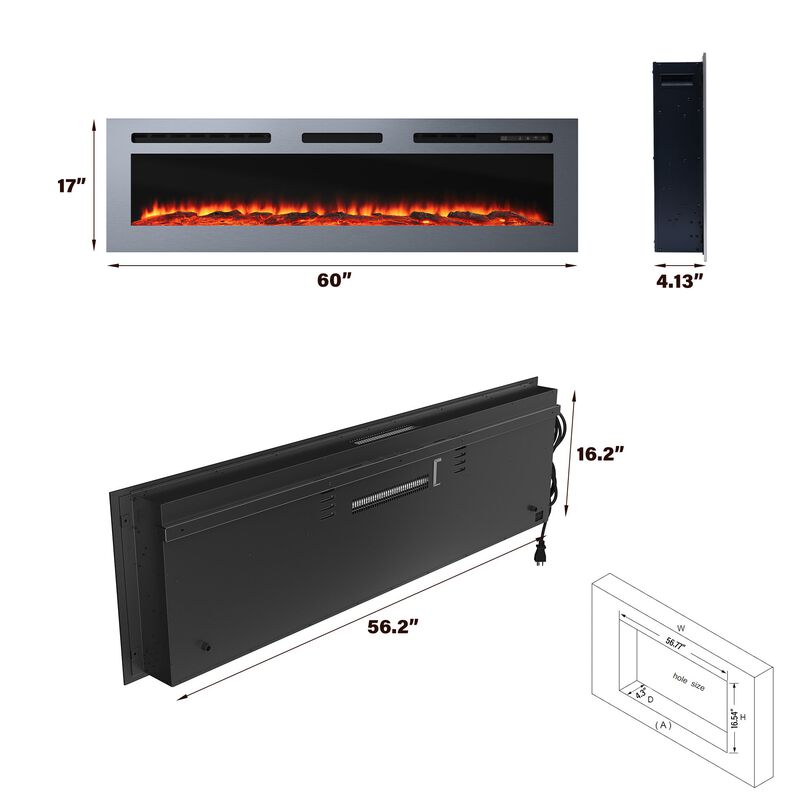 MONDAWE 60 Inch Stainless Steel Recessed Electric Fireplace with Remote Control and Timing Function