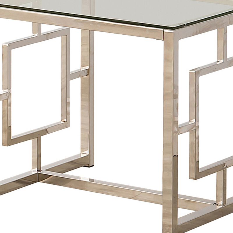 Tempered Glass Top End Table with Lattice Cut Out Panels, Silver and Clear-Benzara