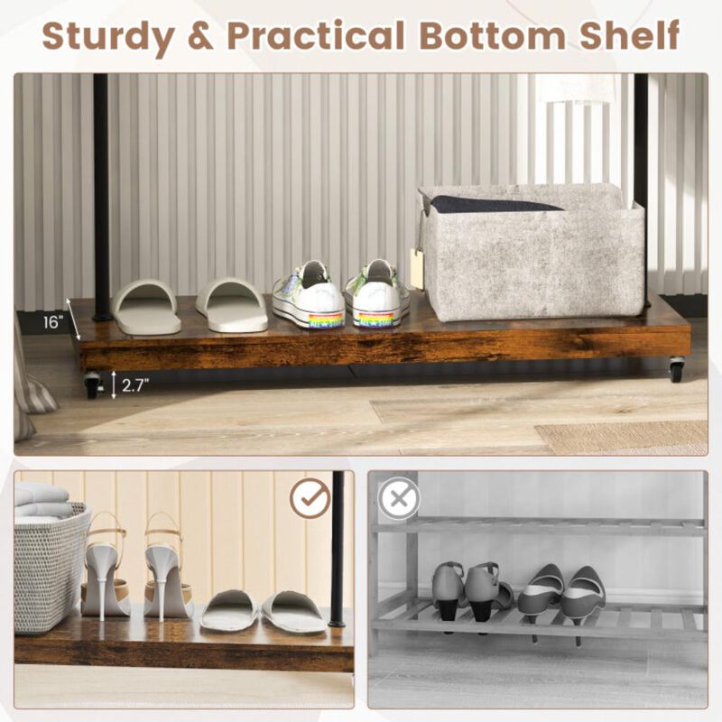 Hivvago Rolling Garment Rack with Hanging Hooks and Bottom Storage Shelf
