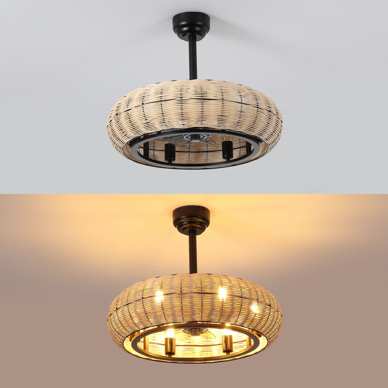 Cassidy 6-Light Modern Bohemian 6-Speed Metal Rattan Mobile-App Remote-Controlled Height-Adjustable Lantern LED Ceiling Fan