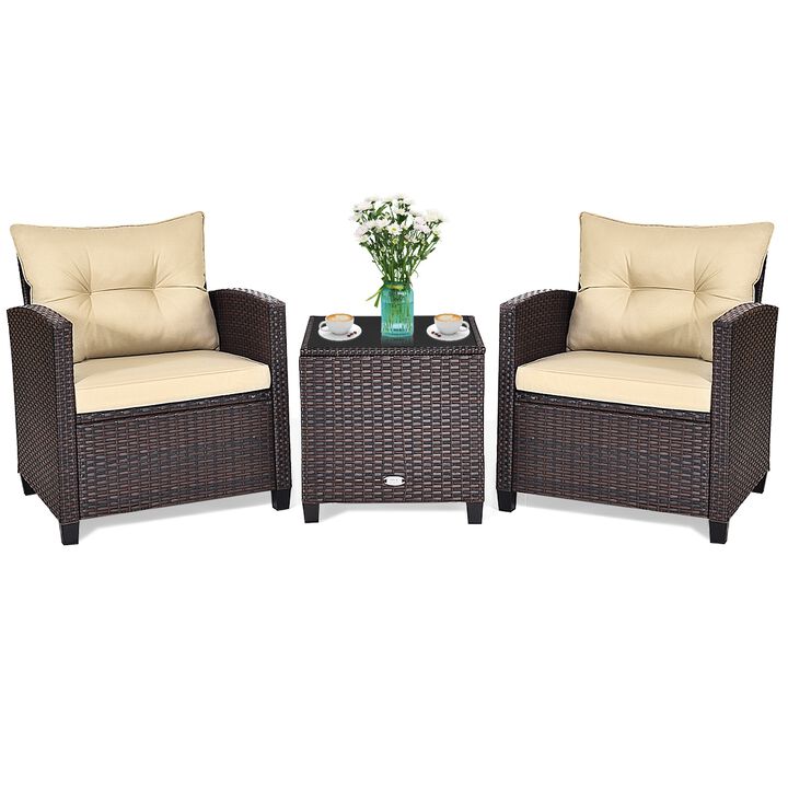 3 Pcs Patio Rattan Furniture Set Cushioned Conversation Set Coffee Table