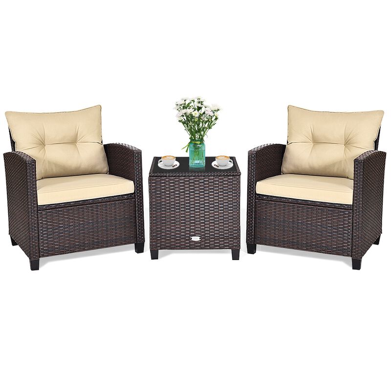 3 Pcs Patio Rattan Furniture Set Cushioned Conversation Set Coffee Table