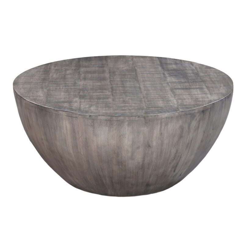36 Inch Round Coffee Table, Handcrafted Drum Shape, Mango Wood with Olive Gray Finish - Benzara