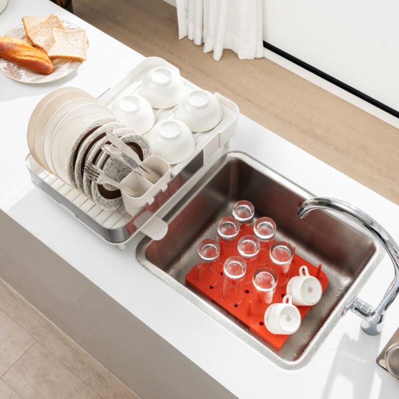 Hivvago Expandable Dish Drying Rack Adjustable Dual-Part Dish Drainer with Detachable Utensil Holder