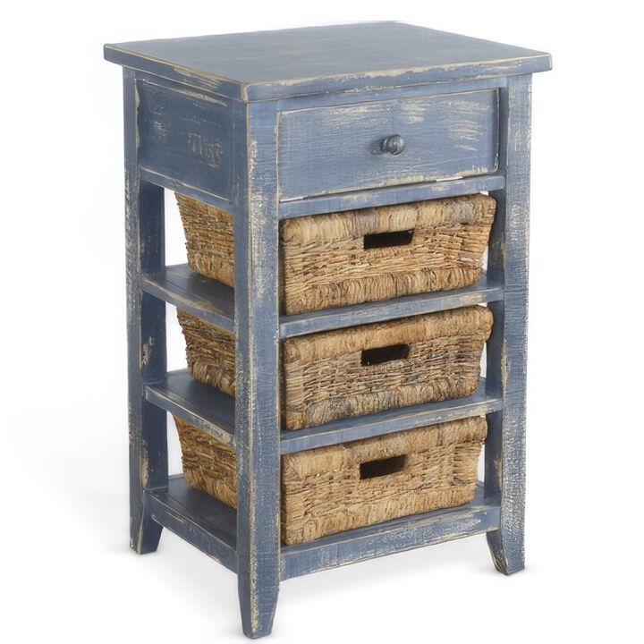 Rena End Table, 3 Natural Rattan Storage Baskets, 20 Inch Blue Wood - Benzara