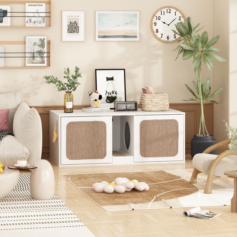 Litter Box Enclosure With 2 Sisal Doors, Indoor Wood Stackable Cat Washroom Storage Cabinet Bench End Table Furniture