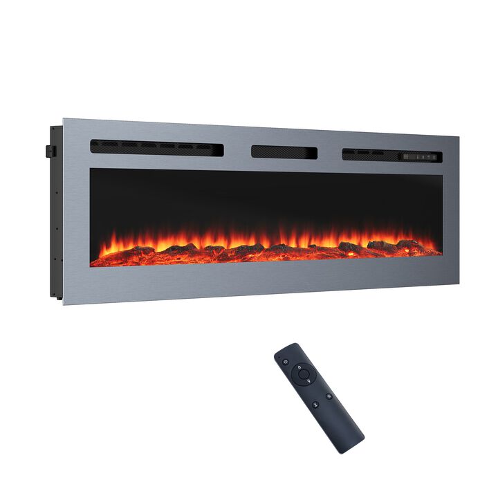 MONDAWE 60 Inch Stainless Steel Recessed Electric Fireplace with Remote Control and Timing Function