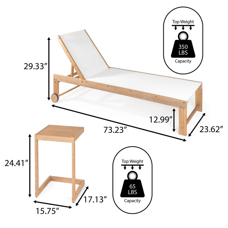 Trabuco Coastal Modern Acacia Wood Mesh 3-Position Outdoor Chaise Lounge Set with Side Table