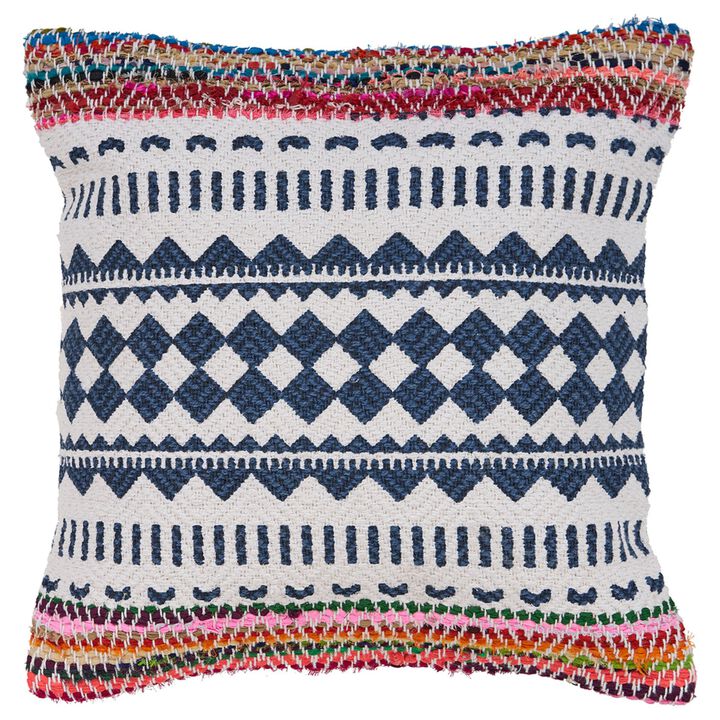 18" Navy Blue and White Globally Inspired Chindi Square Throw Pillow