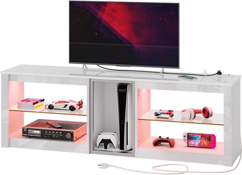 63'' Inch Bright White,High Gloss TV Stand for 70 inch TV with Power Outlets