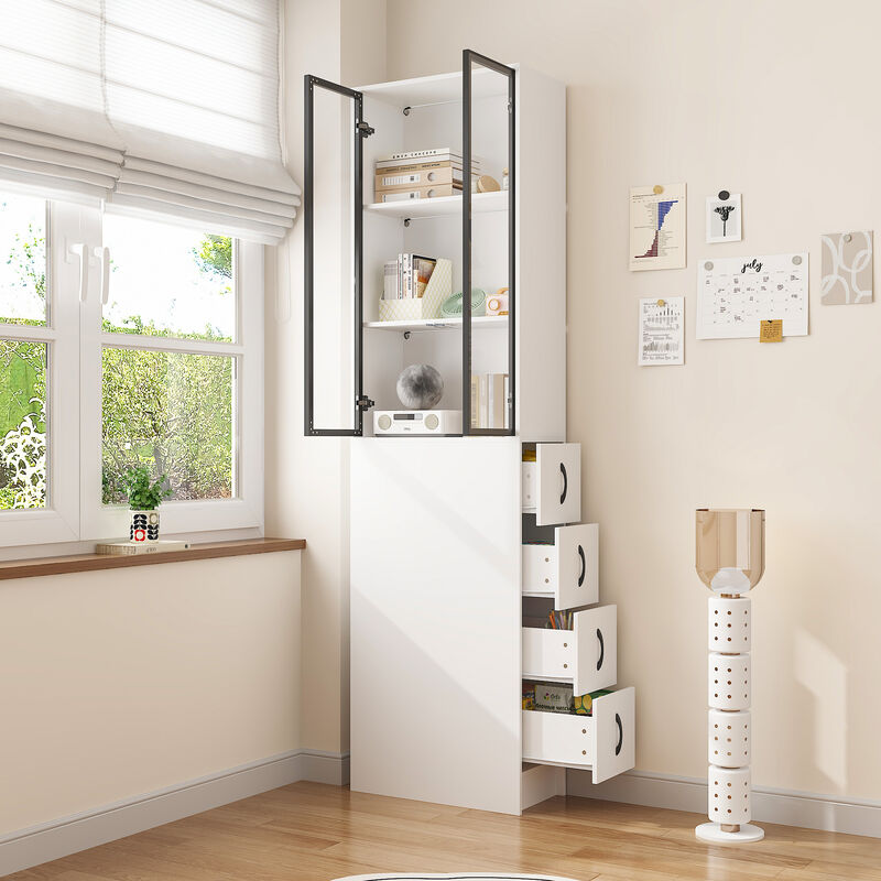 FUFU&GAGA Slim Bookshelf with Glass Doors & LED Lights, Modern Narrow Bookcase with Adjustable Storage for Living Room, Study & Home Office (24.3" W x 86.6" H x 11.8" D),White