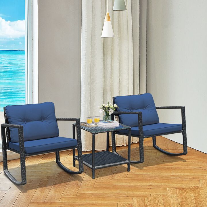 3 Pieces Cushioned Patio Rattan Set with Rocking Chair and Table