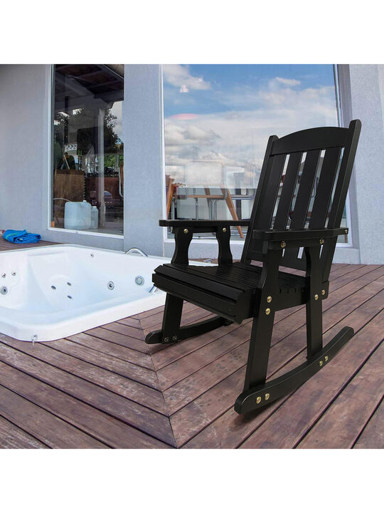 Wooden Rocking Chair with Comfortable Backrest Inclination, High Backrest and Deep Contoured Seat, Solid Fir Wood, Heavy Duty 600 LBS, for Both Outdoor and Indoor, Backyard, Porch and Patio Black