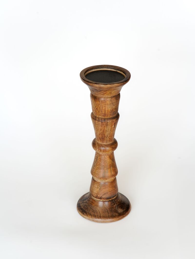 Traditional Medium Burnt Eco-friendly Handmade Mango Wood Set Of One 12" Pillar Candle Holder
