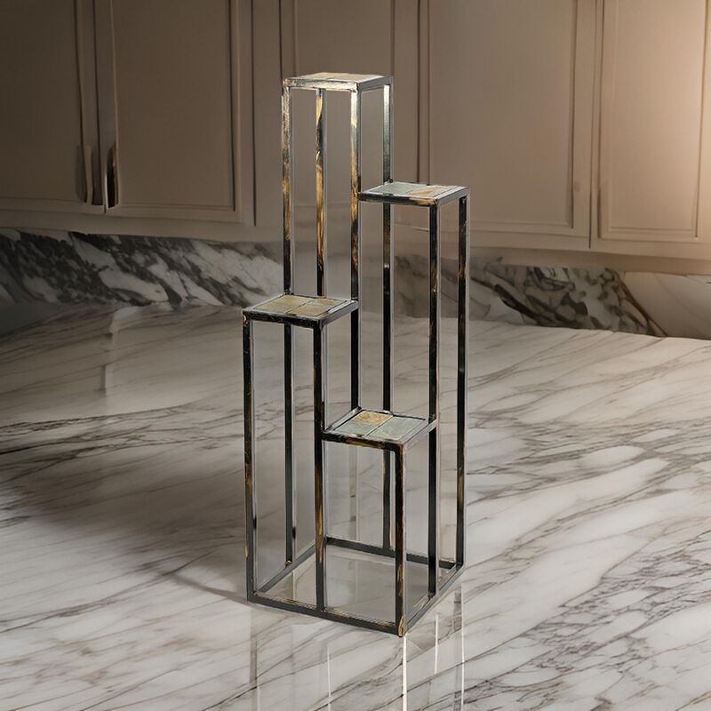 4 Tier Cast Iron Frame Plant Stand with Stone Topping, Black and Gold-Benzara