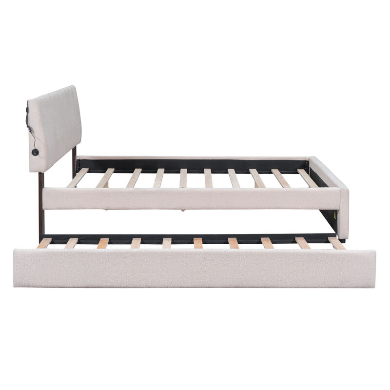 Merax Teddy Fleece Upholstered Platform Bed with Trundle