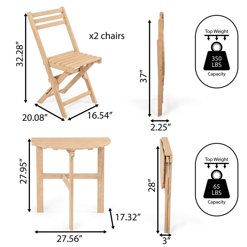 Cadiz Classic French Country 3-Piece Acacia Wood Half-Round Outdoor Folding Bistro Set