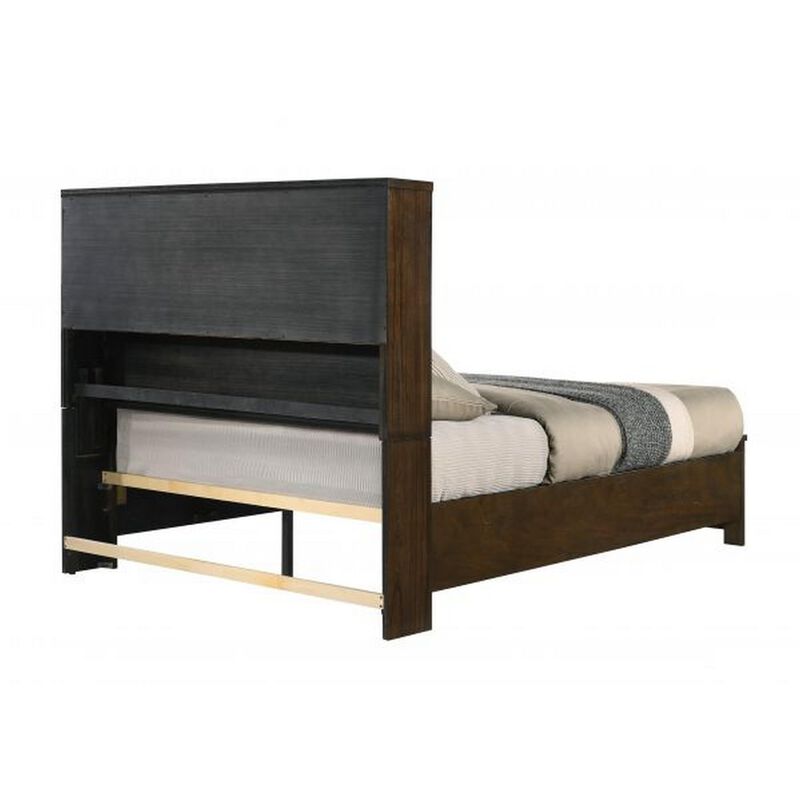 Benjara Maryl Queen Bed with Bookcase Headboard, Solid Wood, Oak Brown Finish