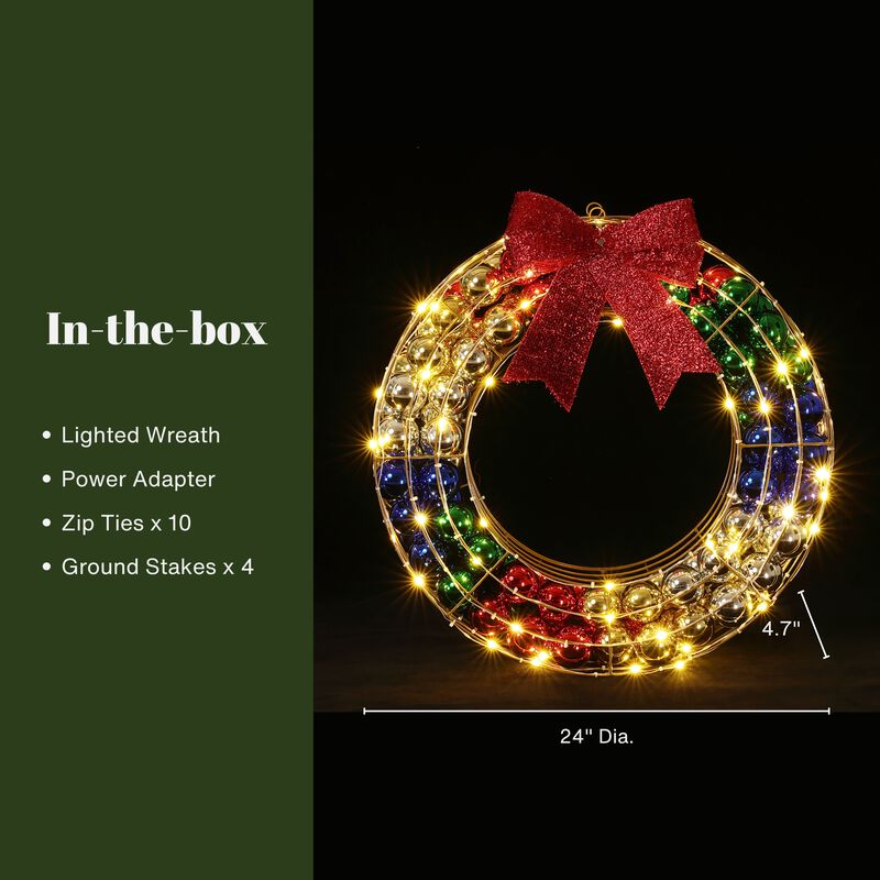 LuxenHome 2Ft Round Ornament Wreath Outdoor Holiday Decoration with Lights