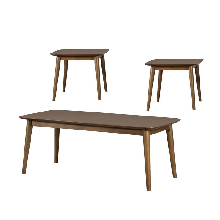 3 Piece Rectangular Coffee and Square End Table Set, Rich Walnut Brown Wood-Benzara