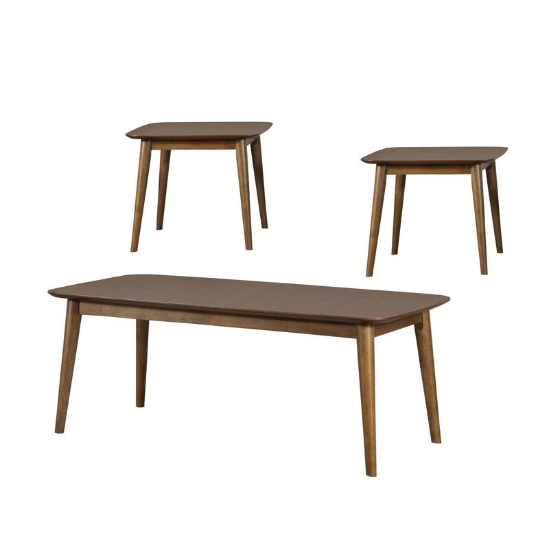 3 Piece Rectangular Coffee and Square End Table Set, Rich Walnut Brown Wood-Benzara