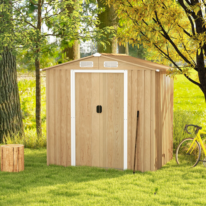 Weather Resistant Galvanized Steel Shed with Tilted Roof for Backyard Garden Patio Lawn-Natural