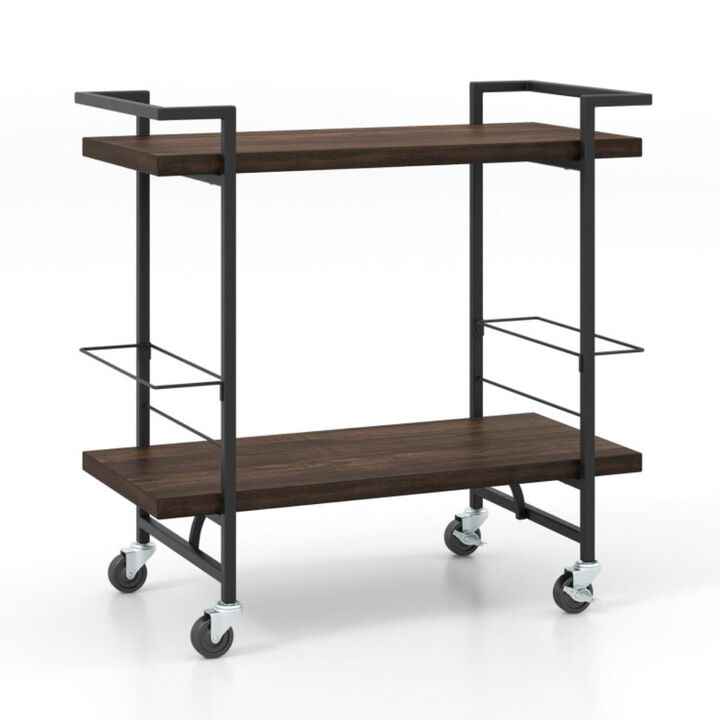 Hivvago 2-Tier Home Bar Cart with Lockable Wheels and Heavy-Duty Metal Frame-Rustic Brown