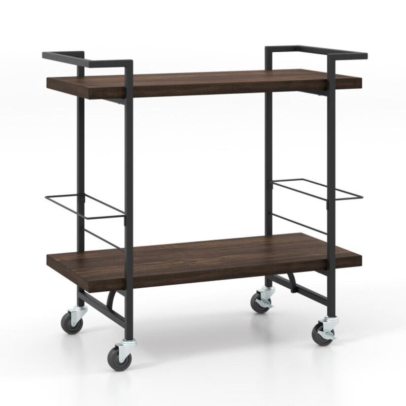 Hivvago 2-Tier Home Bar Cart with Lockable Wheels and Heavy-Duty Metal Frame-Rustic Brown