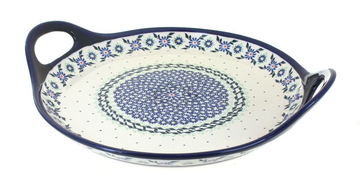 Blue Rose Polish Pottery Frosty Friend Round Tray with Handles